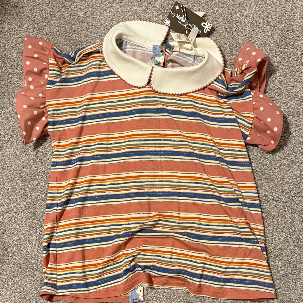 Matilda Jane Striped Rust, Blue & Mustard Top with Polka Dot Sleeves